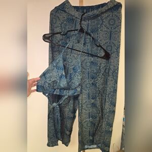 Unbranded Mandala Rayon Front Slit Wide Leg Palazzo Pants And Bralette Set